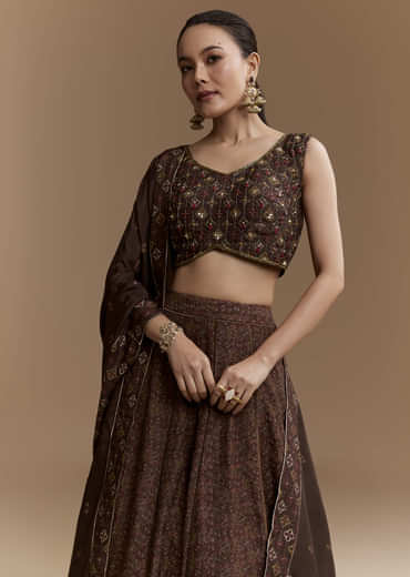 Brown Printed Silk Bridesmaid Lehenga Set with Dupatta