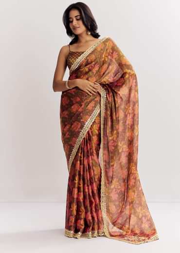 Brown Printed Tissue Lurex Saree With Zari Mirror And Cutdana Embroidery