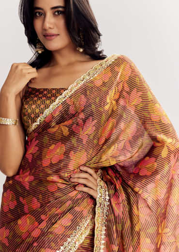 Brown Printed Tissue Lurex Saree With Zari Mirror And Cutdana Embroidery