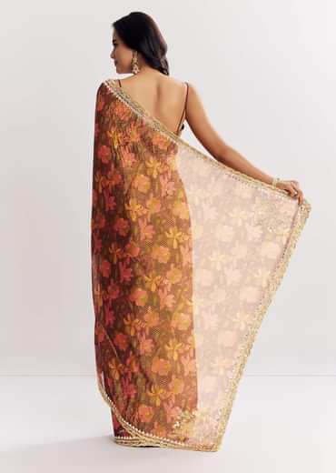 Brown Printed Tissue Lurex Saree With Zari Mirror And Cutdana Embroidery