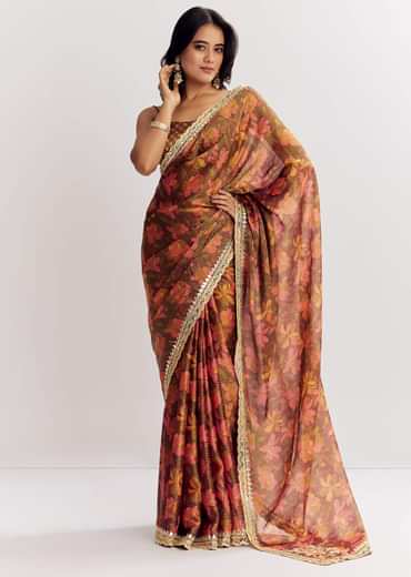 Brown Printed Tissue Lurex Saree With Zari Mirror And Cutdana Embroidery