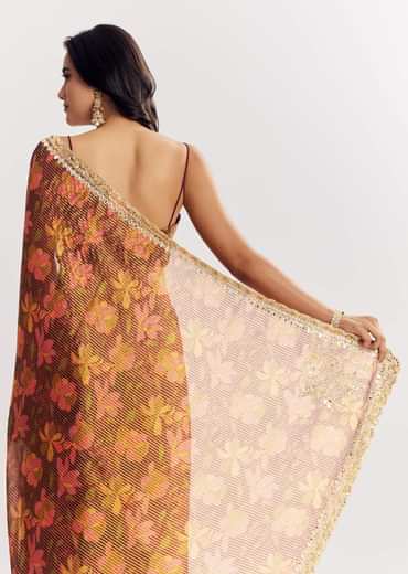 Brown Printed Tissue Lurex Saree With Zari Mirror And Cutdana Embroidery