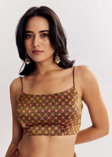 Brown Printed Tissue Lurex Saree With Zari Mirror And Cutdana Embroidery