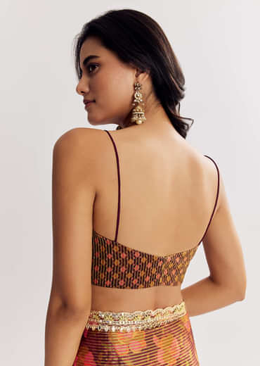 Brown Printed Tissue Lurex Saree With Zari Mirror And Cutdana Embroidery