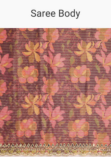 Brown Printed Tissue Lurex Saree With Zari Mirror And Cutdana Embroidery