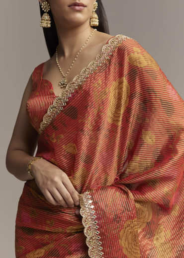 Brown Red Tissue Saree With Mirror And Zari Work