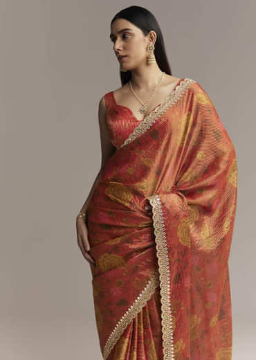 Brown Red Tissue Saree With Mirror And Zari Work