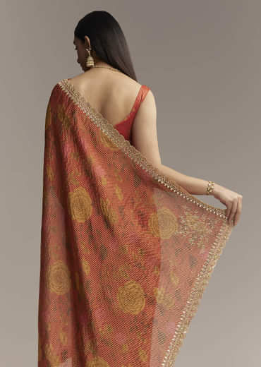 Brown Red Tissue Saree With Mirror And Zari Work