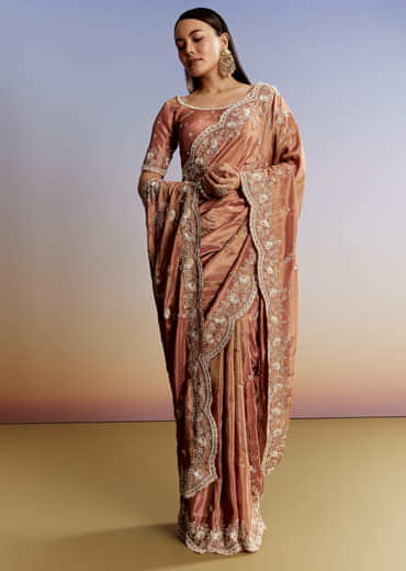 Brown Rust Crush Tissue Saree With Gota And Beads Embroidery