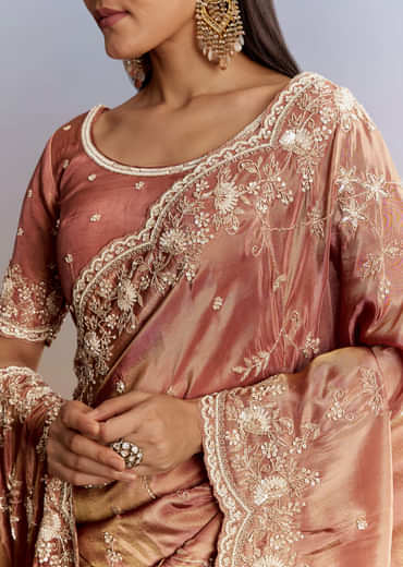 Brown Rust Crush Tissue Saree With Gota And Beads Embroidery