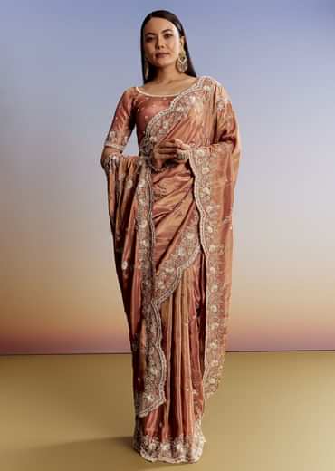 Brown Rust Crush Tissue Saree With Gota And Beads Embroidery