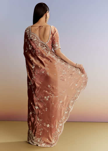 Brown Rust Crush Tissue Saree With Gota And Beads Embroidery