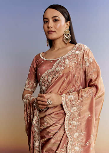 Brown Rust Crush Tissue Saree With Gota And Beads Embroidery