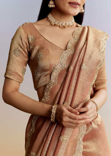 Brown Rust Tissue Saree With Moti Beads And Sequins