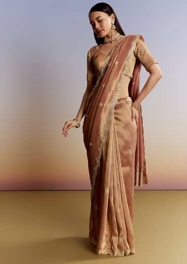 Brown Rust Tissue Saree With Moti Beads And Sequins