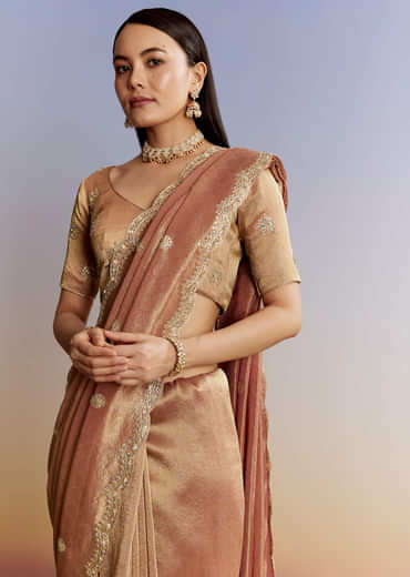 Brown Rust Tissue Saree With Moti Beads And Sequins