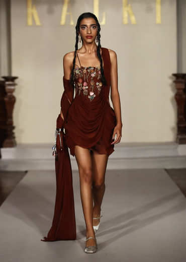 Brown Satin Bridal Mini Dress With Kundan Embroidery