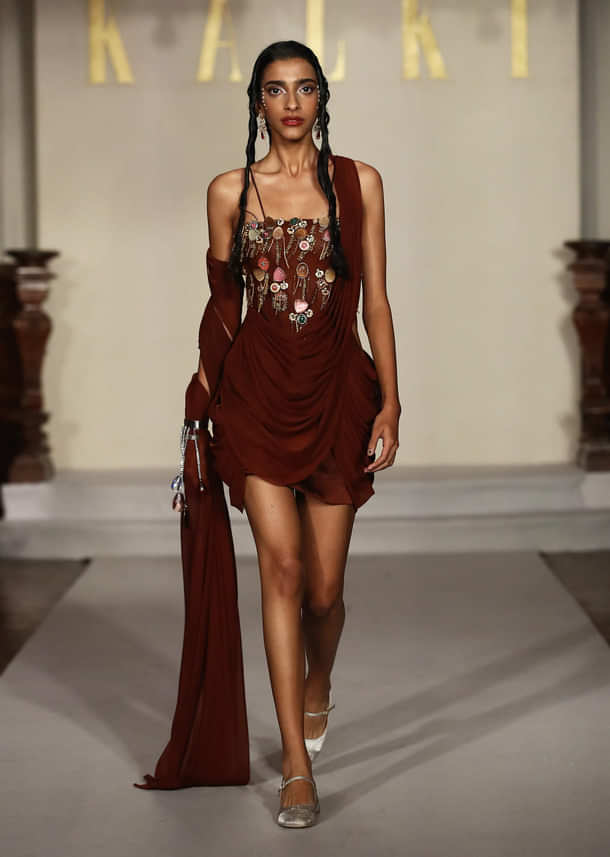 Brown Satin Bridal Mini Dress With Kundan Embroidery