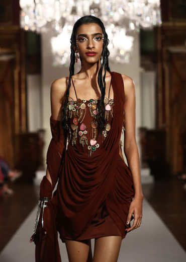 Brown Satin Bridal Mini Dress With Kundan Embroidery