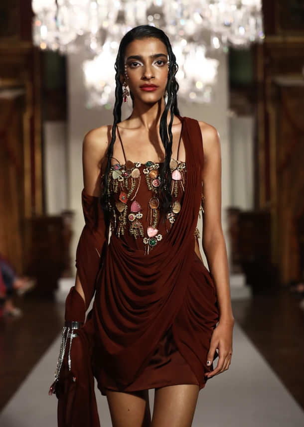 Brown Satin Bridal Mini Dress With Kundan Embroidery