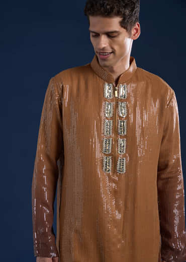 Brown Sequin Work Mens Kurta and Pant Set