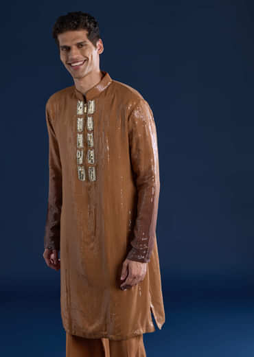 Brown Sequin Work Mens Kurta and Pant Set
