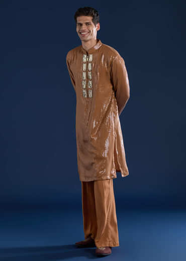 Brown Sequin Work Mens Kurta and Pant Set
