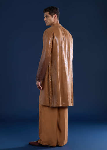 Brown Sequin Work Mens Kurta and Pant Set