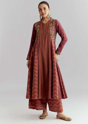 Brown Silk Anarkali Suit With Indie Print And Embroidery