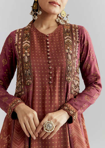Brown Silk Anarkali Suit With Indie Print And Embroidery