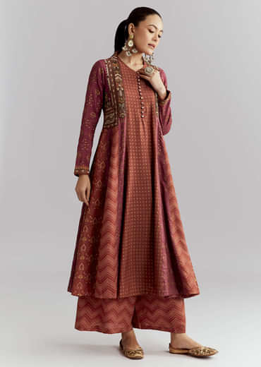 Brown Silk Anarkali Suit With Indie Print And Embroidery