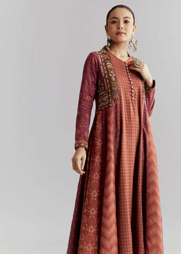 Brown Silk Anarkali Suit With Indie Print And Embroidery