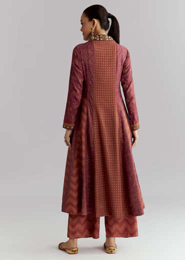Brown Silk Anarkali Suit With Indie Print And Embroidery