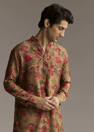 Brown Silk Designer Kurta For Men With Floral Print