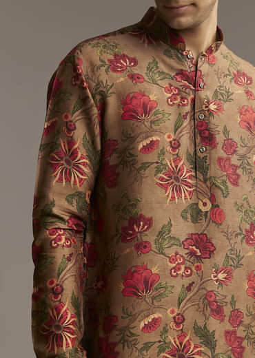 Brown Silk Designer Kurta For Men With Floral Print