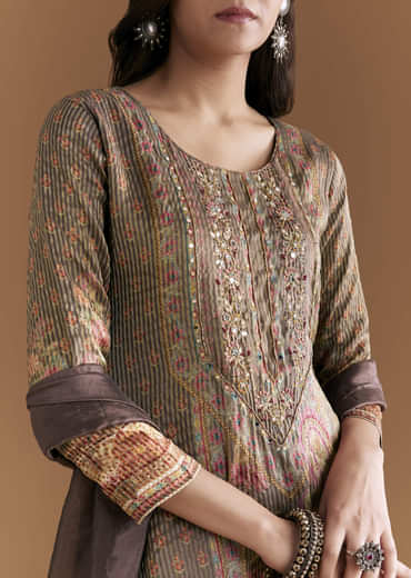 Brown Silk Kurta Set With Floral And Paisley Print