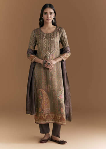 Brown Silk Kurta Set With Floral And Paisley Print