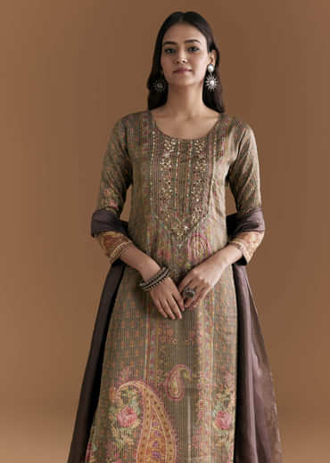 Brown Silk Kurta Set With Floral And Paisley Print