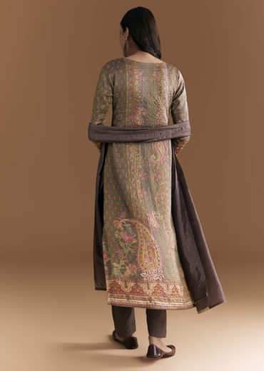 Brown Silk Kurta Set With Floral And Paisley Print