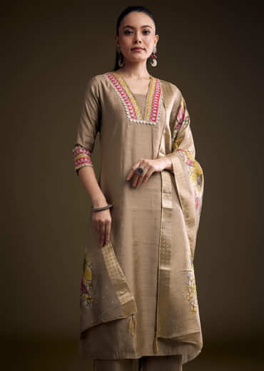 Brown Silk Kurta Set With Zari And Gota Work
