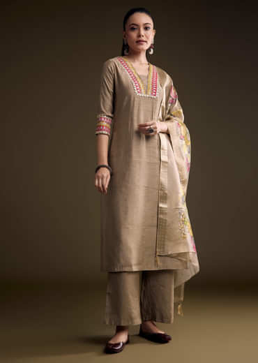 Brown Silk Kurta Set With Zari And Gota Work