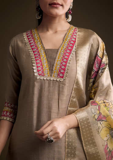 Brown Silk Kurta Set With Zari And Gota Work
