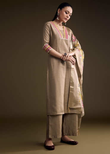 Brown Silk Kurta Set With Zari And Gota Work