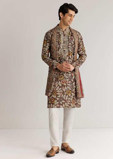 Brown Silk Mirron Threadwork Kurta Set With Dupatta