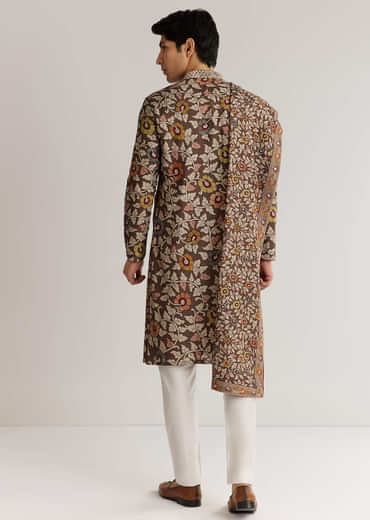 Brown Silk Mirron Threadwork Kurta Set With Dupatta