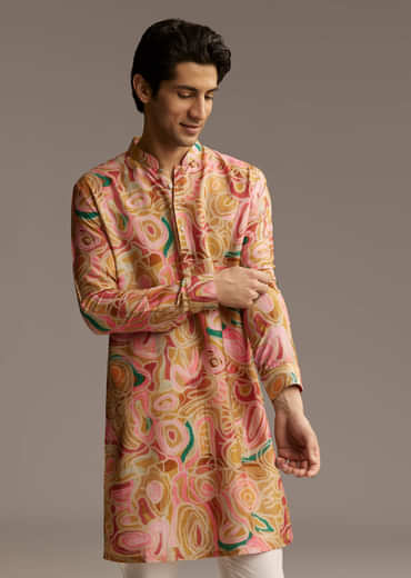 Brown Silk Printed Designer Kurta For Men With Print