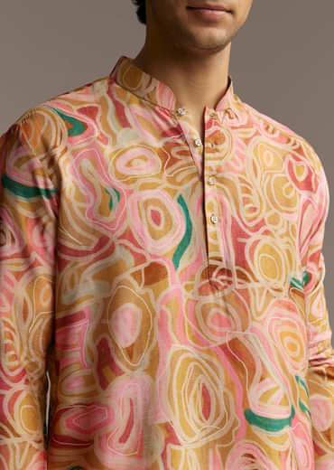 Brown Silk Printed Designer Kurta For Men With Print