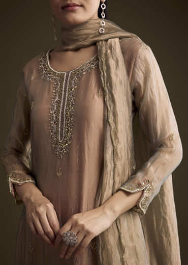 Brown Tissue Palazzo Suit With Sequins And Cutdana Embroidery