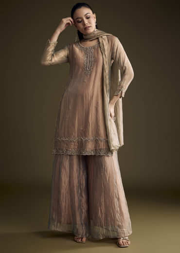 Brown Tissue Palazzo Suit With Sequins And Cutdana Embroidery