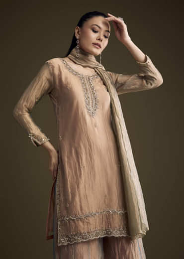 Brown Tissue Palazzo Suit With Sequins And Cutdana Embroidery